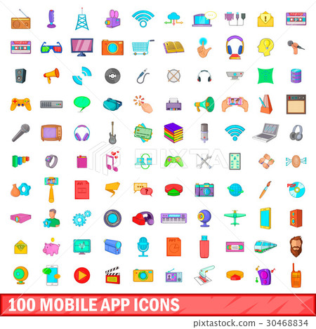 100 mobile app icons set, cartoon style 30468834