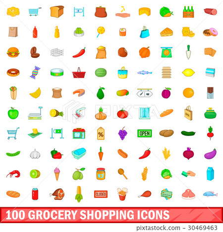 100 grocery shopping icons set, cartoon style 30469463
