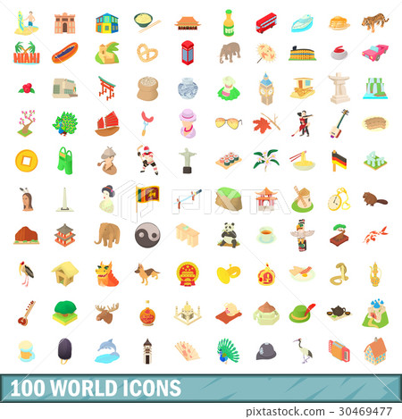 100 world icons set, cartoon style 30469477