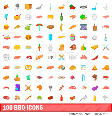 100 barbecue icons set, cartoon style 30469580