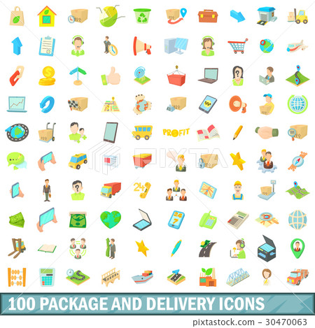 100 package and delivery icons set, cartoon style 100 package and delivery icons set, cartoon style 30470063