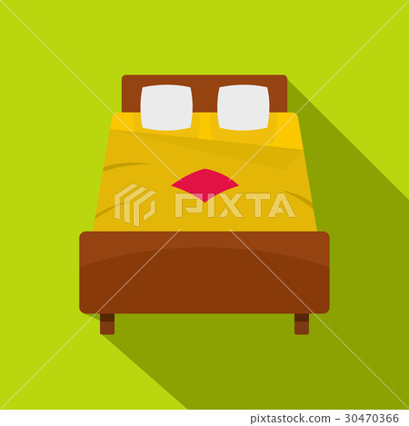 Bed with yellow blanket icon, flat style Bed with yellow blanket icon, flat style 30470366