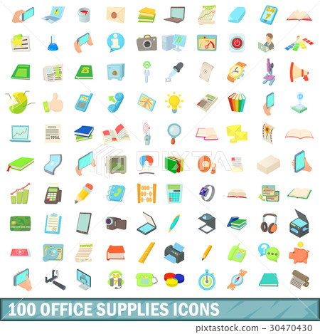 100 office supplies icons set, cartoon style 100 office supplies icons set, cartoon style 30470430