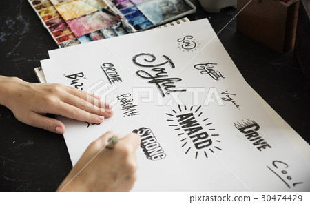 Woman Drawing Illustartion Pad Paper Palette Font Design Words Woman Drawing Illustartion Pad Paper Palette Font Design Words 30474429