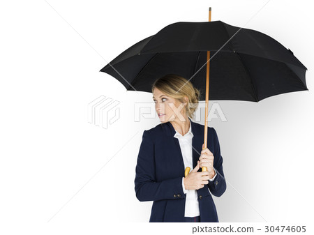 Business Woman Looking Back Umbrella Concept Business Woman Looking Back Umbrella Concept 30474605