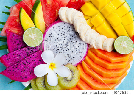 Tropical fruits assortment on a plate. Top view. Tropical fruits assortment on a plate. Top view. 30476393