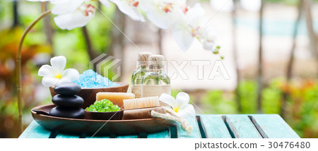 Spa and wellness massage setting. Copy space. 30476480