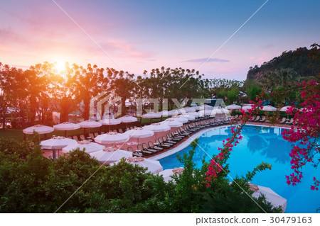 Swimming pool with sunshades and lounge chair 30479163