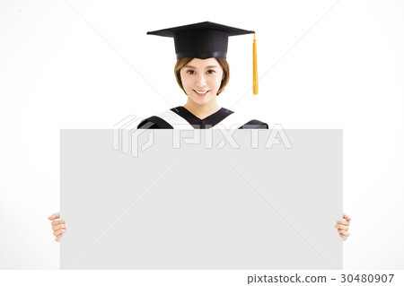 Graduate student girl showing blank placard board Graduate student girl showing blank placard board 30480907