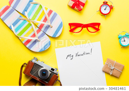 paper My Vacation, gifts, glasses, camera, alarm clocks and sand 30481461