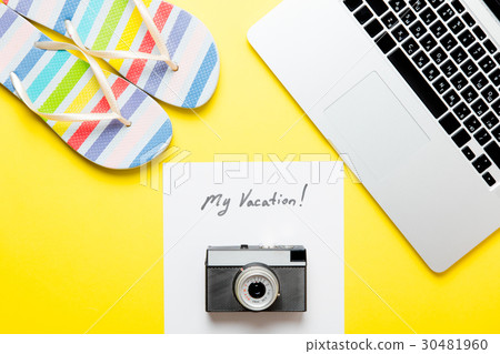 paper My Vacation, laptop, camera and sandals 30481960