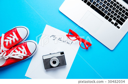 paper My Vacation, laptop, glasses and gumshoes 30482034