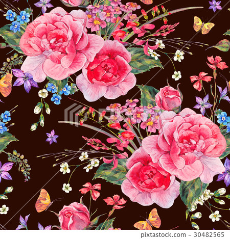 Watercolor seamless pattern with wildflowers and - Stock Illustration ...