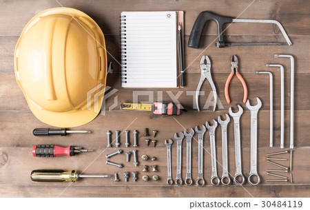 Set tools supplies with blank notebook on wood Set tools supplies with blank notebook on wood 30484119