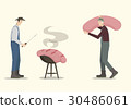Farmers cooking big sausages on barbecue. 30486061