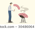 Farmer cooking big sausages on barbecue. 30486064