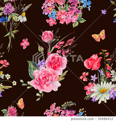 Watercolor seamless pattern with wildflowers and - Stock Illustration ...