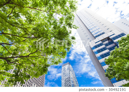 辦公區和綠色的高層建築 辦公區和綠色的高層建築 30492191