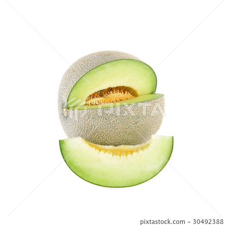 Green cantaloupe melon slices on white background 30492388