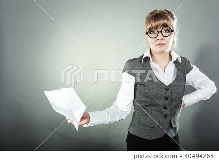 Fly fear. Woman holding airplane in hand. Fly fear. Woman holding airplane in hand. 30494263