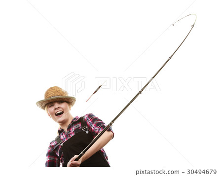 Happy woman in sun hat holding fishing rod 30494679
