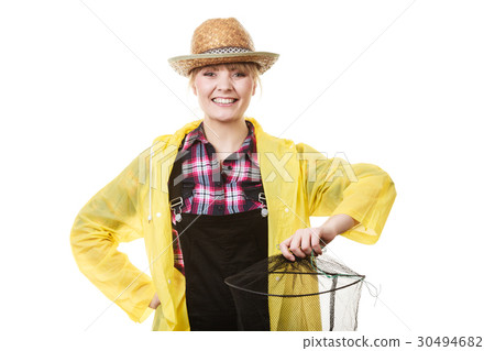 Happy woman holding empty fishing keepnet 30494682