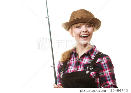 Happy woman in sun hat holding fishing rod 30494743