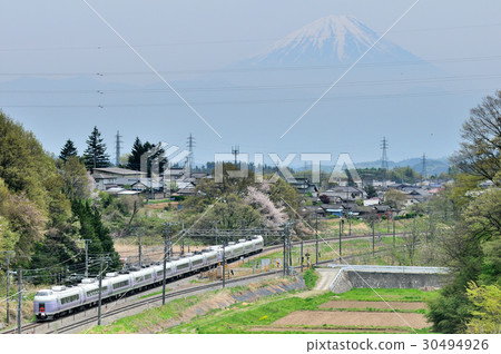 Fuji goes to satoyama, which overlooks Mount Fuji Chuo Line Limited Express Super Azusa Fuji goes to satoyama, which overlooks Mount Fuji Chuo Line Limited Express Super Azusa 30494926