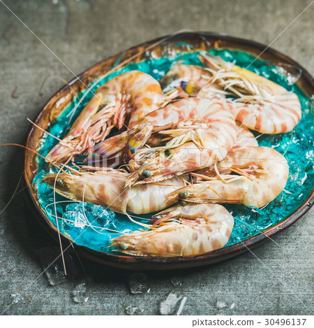 圖庫照片: raw uncooked tiger prawns on chipped ice in blue