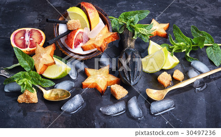 Collage with drink of tropical fruits 30497236