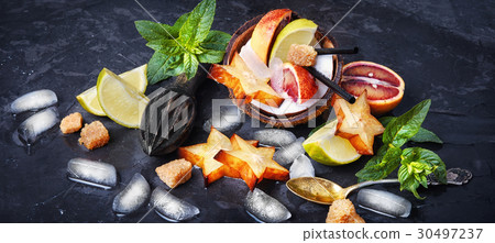 Collage with drink of tropical fruits Collage with drink of tropical fruits 30497237