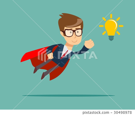 Super Businessman in Red Cape Flying to Idea Light 30498978