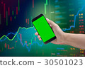 Male hand holding cell phone on Statistic graph  30501023