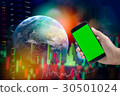 Male hand holding cell phone on Statistic graph 30501024