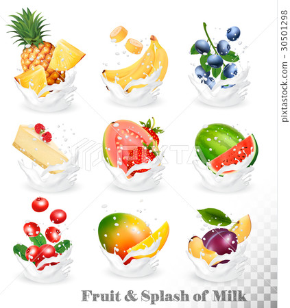 Big collection of fruit in a milk splash. 30501298