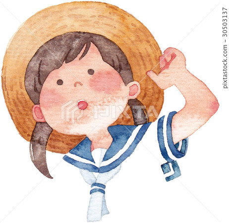Watercolor illustration of a girl in a sailor suit wearing a straw hat and looking up 30503137