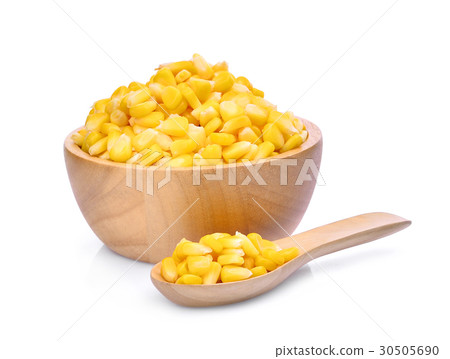 sweet corn in wooden bowl and spoon isolated  30505690