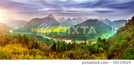 Panorama of Jiulong waterfall at sunset in Luoping Panorama of Jiulong waterfall at sunset in Luoping 30514024