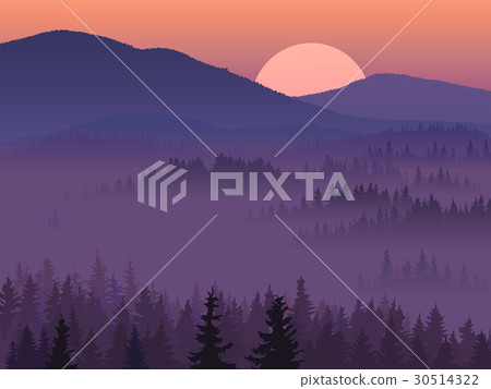Purple valley with coniferous wood. Purple valley with coniferous wood. 30514322