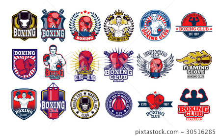 Big set boxing badges, stickers isolated on white. 30516285