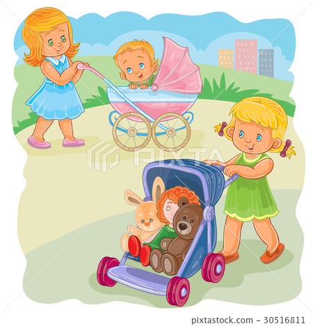 illustration of two girls ride buggies 30516811