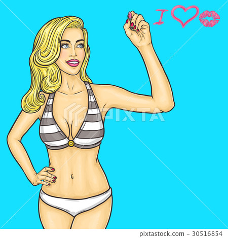 Pop art blonde writes lipstick on screen 30516854