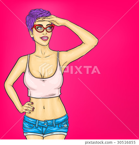 Sexy pop art woman looks out of her palm 30516855