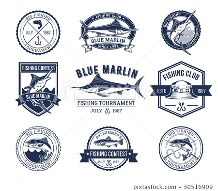 Set of badges, stickers on catching fish. Set of badges, stickers on catching fish. 30516909
