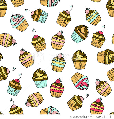 Seamless vector pattern with doodle sweet cakes. - Stock Illustration ...
