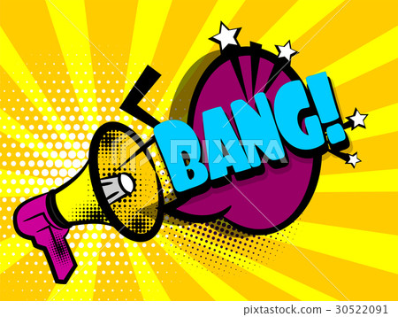 Comic book text advertising megaphone bang 30522091