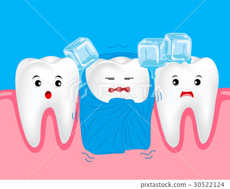 插图素材 sensitive teeth cartoon tooth character with ice.