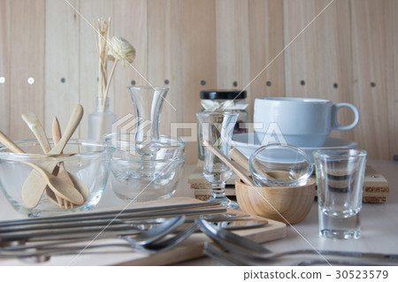Set of kitchen ware on table, Kitchen Utensils Set of kitchen ware on table, Kitchen Utensils 30523579
