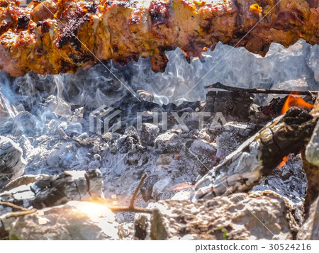 Cooking meat on the fire. Shish kebab. 30524216