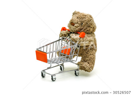 Isolated Teddy bear toy pushing the trolley cart 30526507